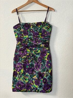 BCBG Max Azria Purple and Green Floral Strapless Mini Dress removable straps